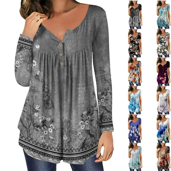 Black and Friday YOTAMI Plus Size Tunic Tops for Women Under $5 Long Sleeve Casual Floral Printed V Neck Button Collar Fall Shirts Gray S