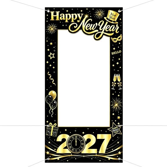 Black and Gold 2027 New Year Portrait Display, Printed Photo Background with Open Center and Grommets for