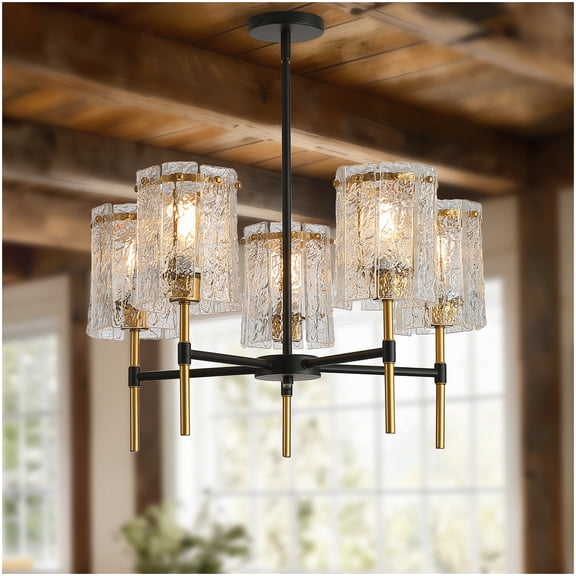 Black and Gold 5-Light Chandelier with Rippled Glass Shades, Electroplated Gold Accents, Warm White Glow for Dining Spaces, Bulbs Not Included