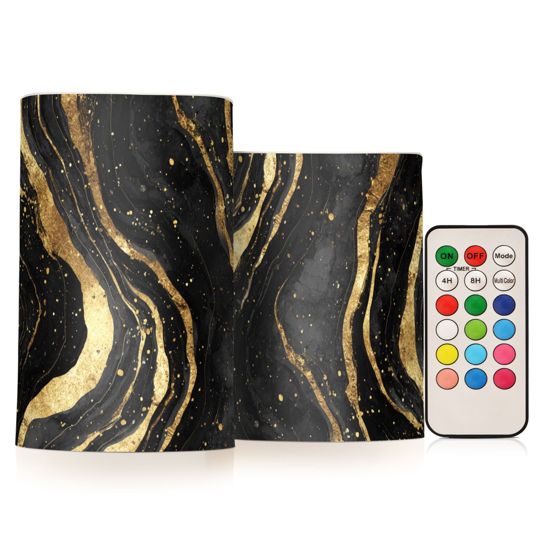 Black and Gold Abstract Flickering Flameless Candles Battery Operated with Remote Timer LED Pillar Candles Set of 2