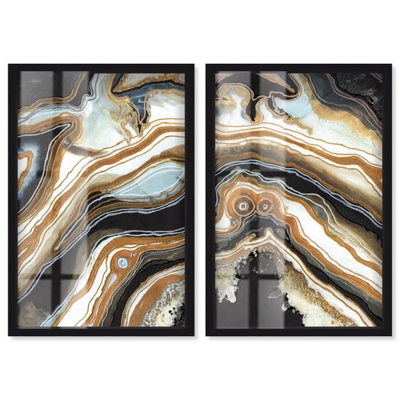 Black and Gold Abstract Shadowbox Print Geode Wall Decor Set by Art Remedy, Black Frame, 20 x 30