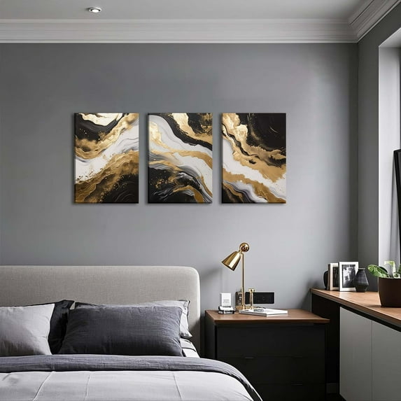 Black and Gold Abstract Wall Art Set of 3, Canvas Wall Decor for Living Room Bedroom Office 16x24in