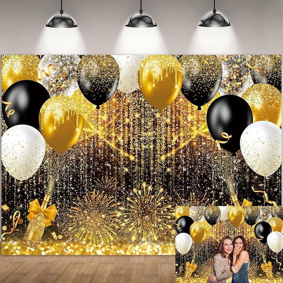 Black and Gold Ballon Backdrop Gold Glitter Photography Background for Birthday Wedding New Year Party Decorations Banner Photo Booth Props