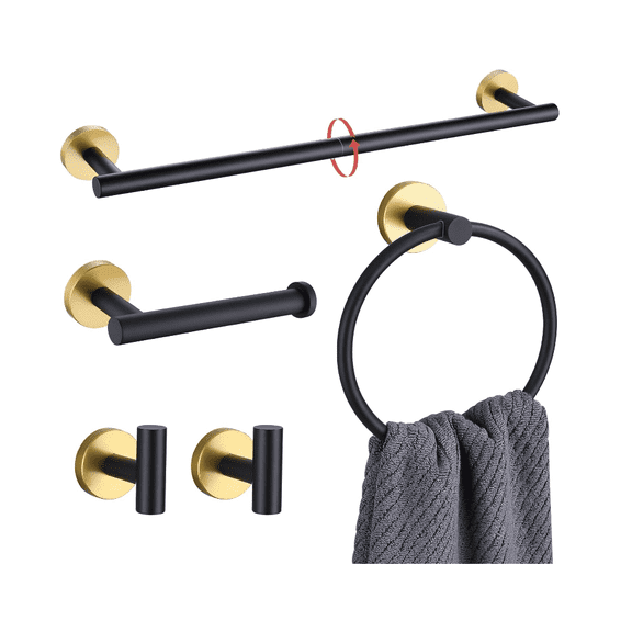Black and Gold Bathroom Hardware Accessories Set, 5 Pieces Towel Bar Set Stainless Wall Mounted Adjustable Towel Bar Set