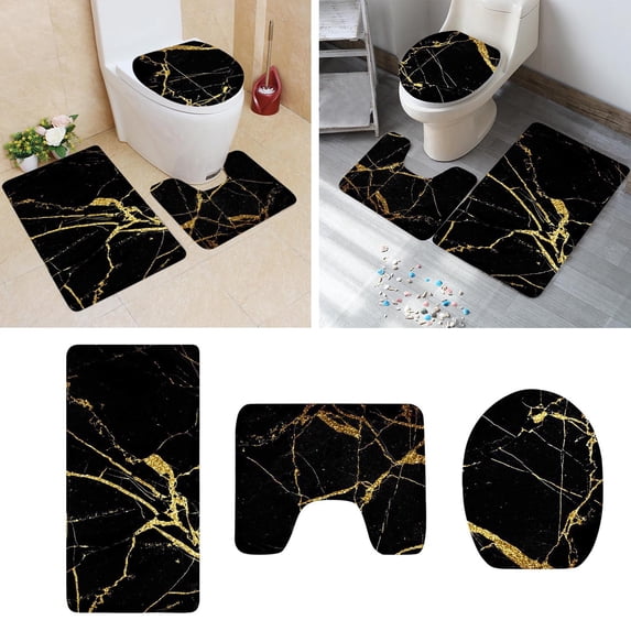 Bathroom Rug Set with Toilet Lid Cover Elegant Black and Gold for