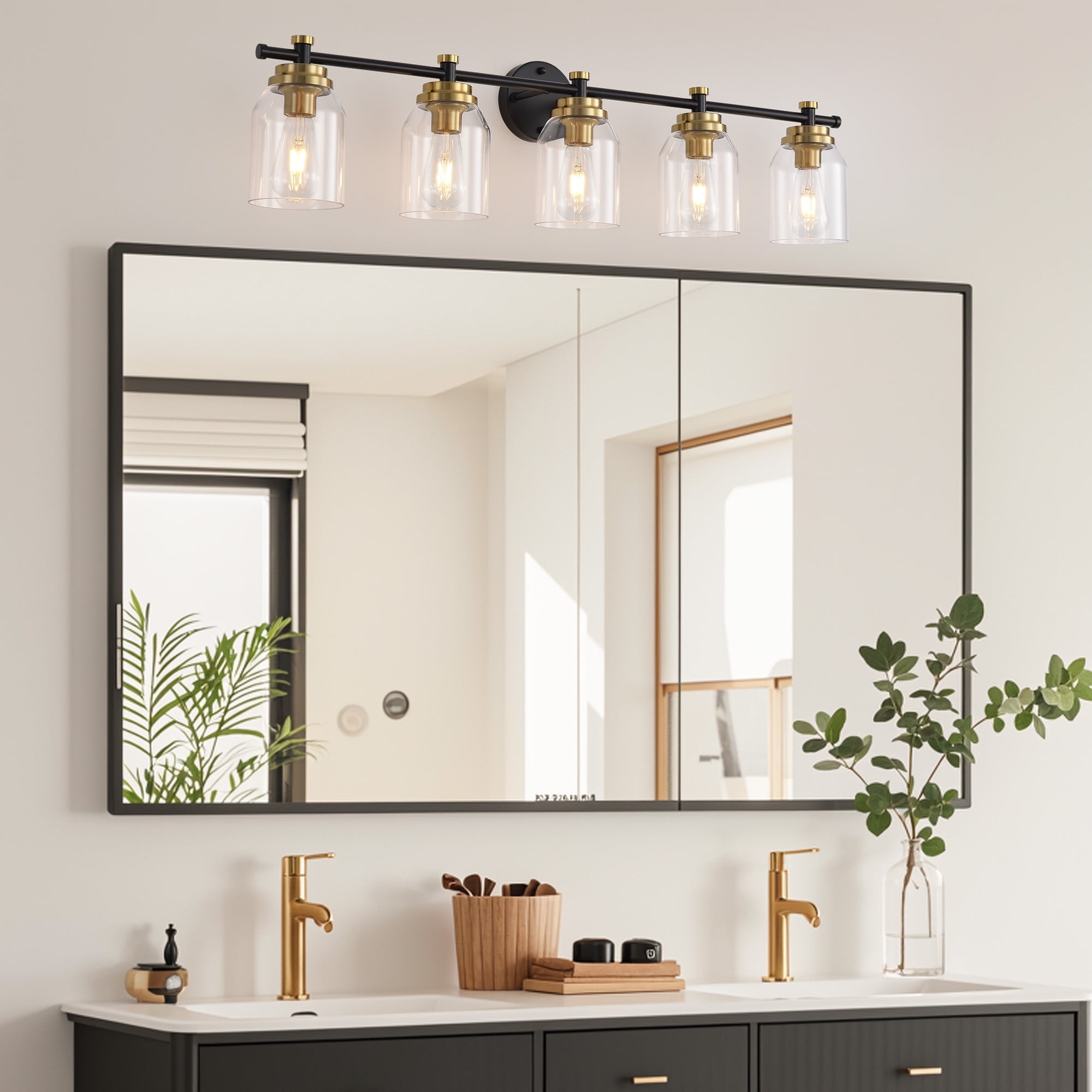 Black and Gold Bathroom Vanity Light - 5-Light Vintage Fixture with Clear Glass Shades