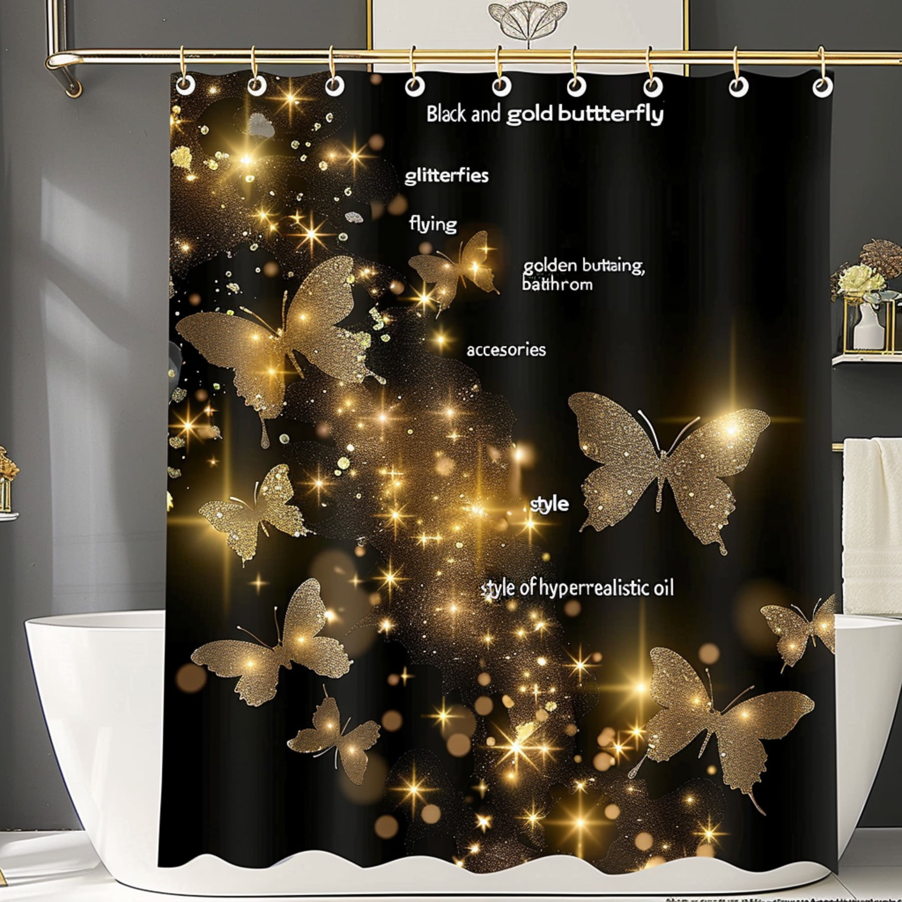 Black and Gold Butterfly Print Shower Curtain Glittering Golden