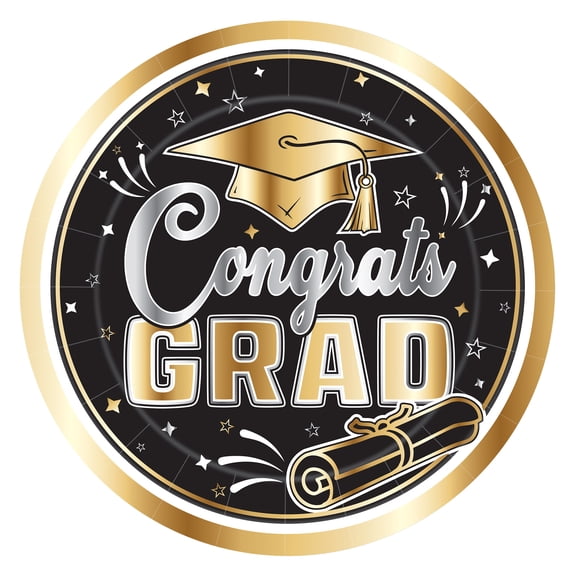 Black and Gold "Congrats Grad" Graduation Plates, 9", Pack of 32