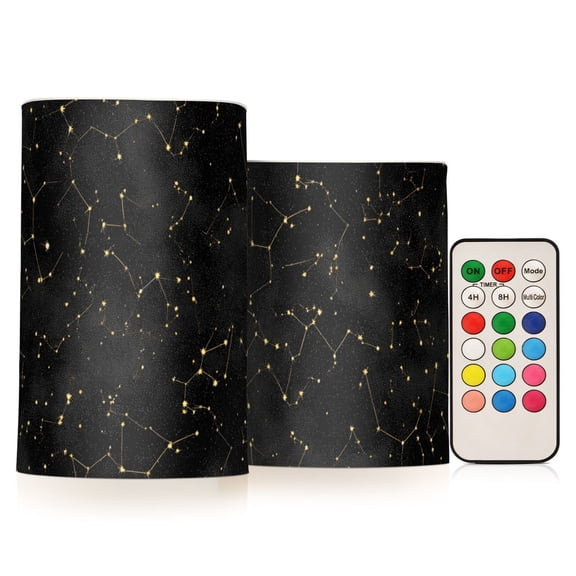 Black and Gold Constellation Flickering Flameless Candles Battery Operated with Remote Timer LED Pillar Candles Set of 2