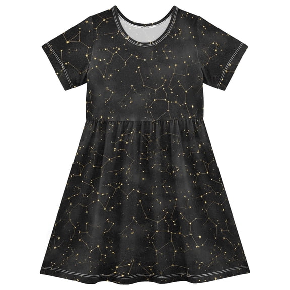 Black and Gold Constellation Short Sleeve Dress A-Line Cute Midi Casual Sundress 2-8 Years