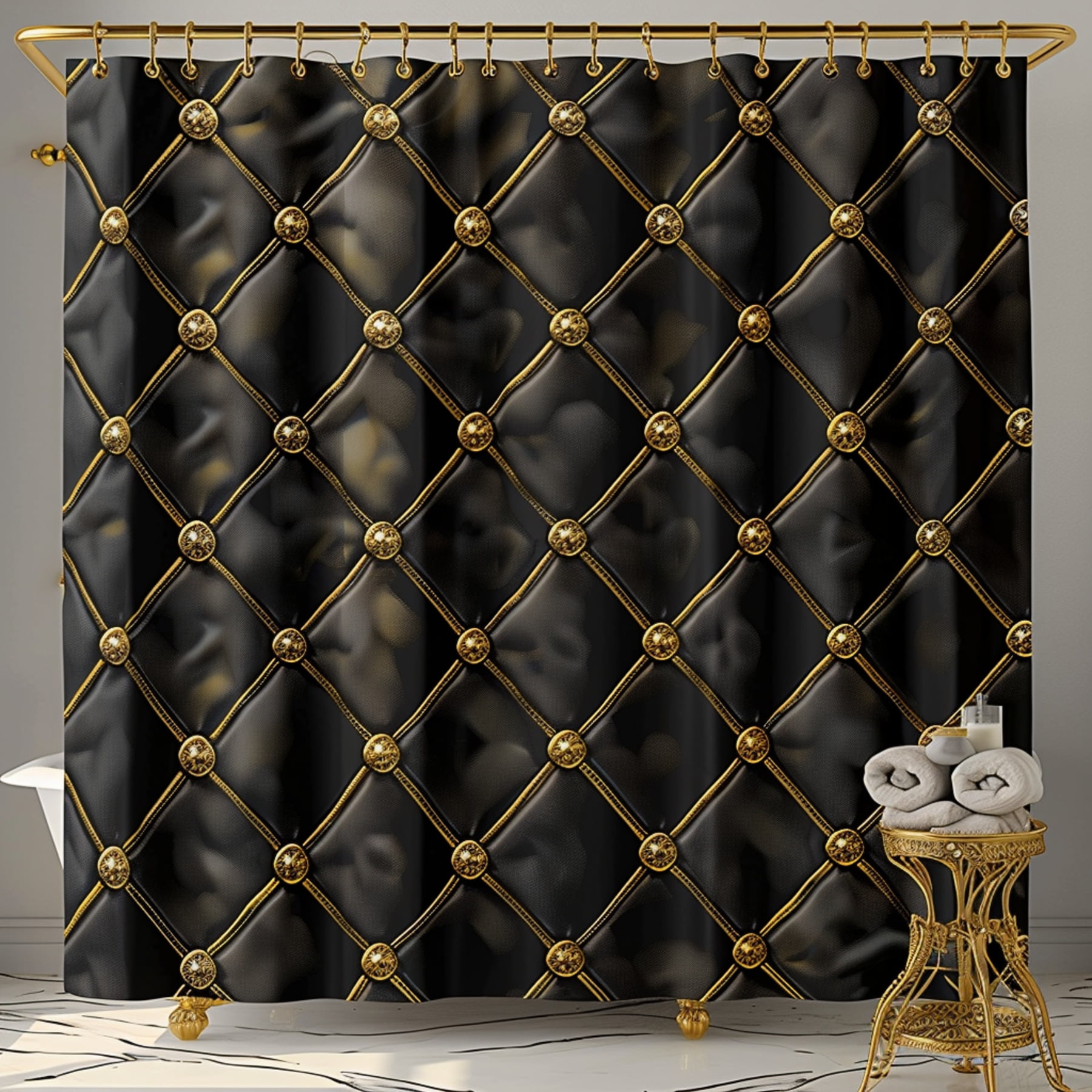Black and Gold Diamond Quilted Shower Curtain with Golden Accents