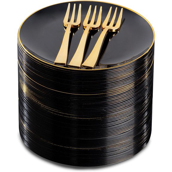 Black and Gold Disposable Dessert Plates and Forks Set 6.3 Inches Plates 5 Inches Forks