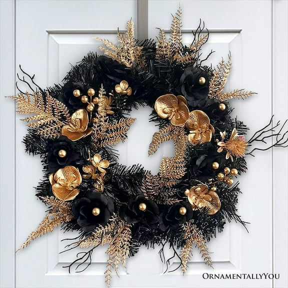 Black and Gold Elegantly Goth 20" Wreath, Spooky Horror Themed Door Decoration