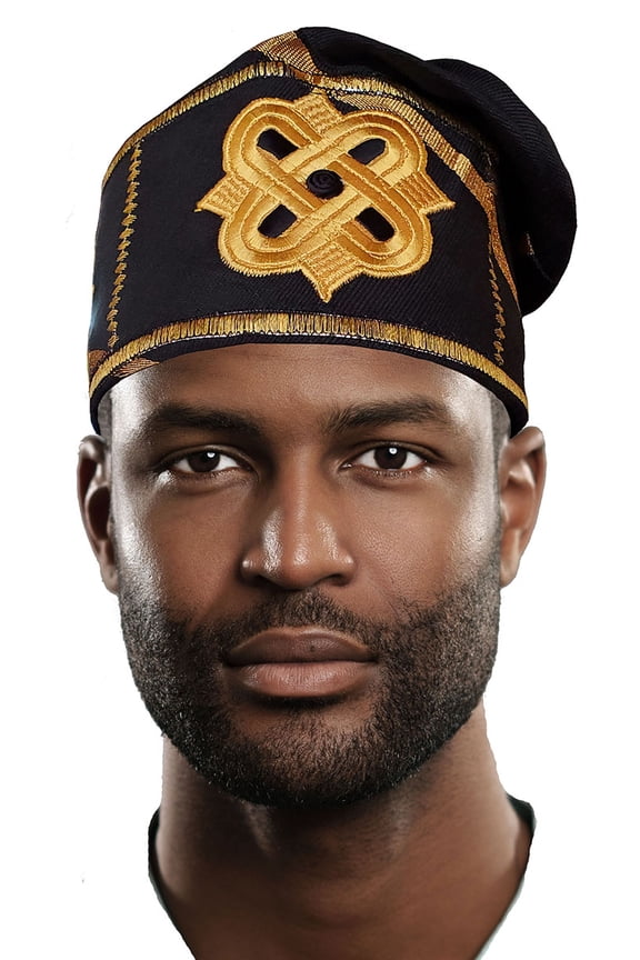 Black and Gold Embroidered African Hand woven Aso Oke Hat