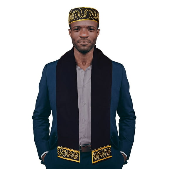 Black and Gold Embroidered African Hat and Sash/Scarf