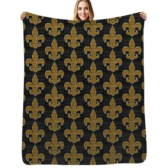 Black and Gold Fleur De Lis Flannel Blanket Warm Soft Bedding Throws Winter Camping Chair Sofa Bed