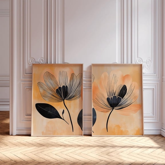 Black and Gold Flower Prints Moody Terracotta Floral Art Mid Century Abstract Organic Set 2 Stretched Canvas 12x18