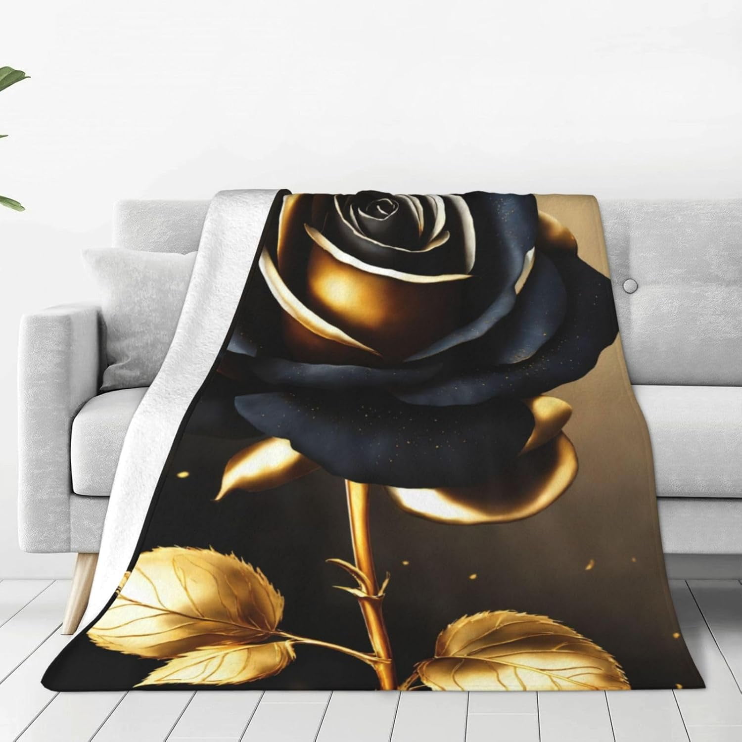 Black and Gold Flowers Print Ultra Soft Micro Fleece Blanket Warm Cozy