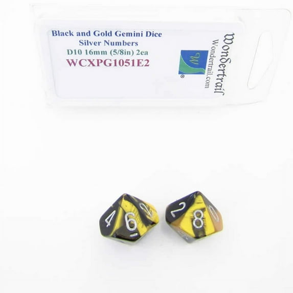 Black and Gold Gemini Dice with Silver Numbers D10 Aprox 16mm (5/8in) Pack of 2 Wondertrail