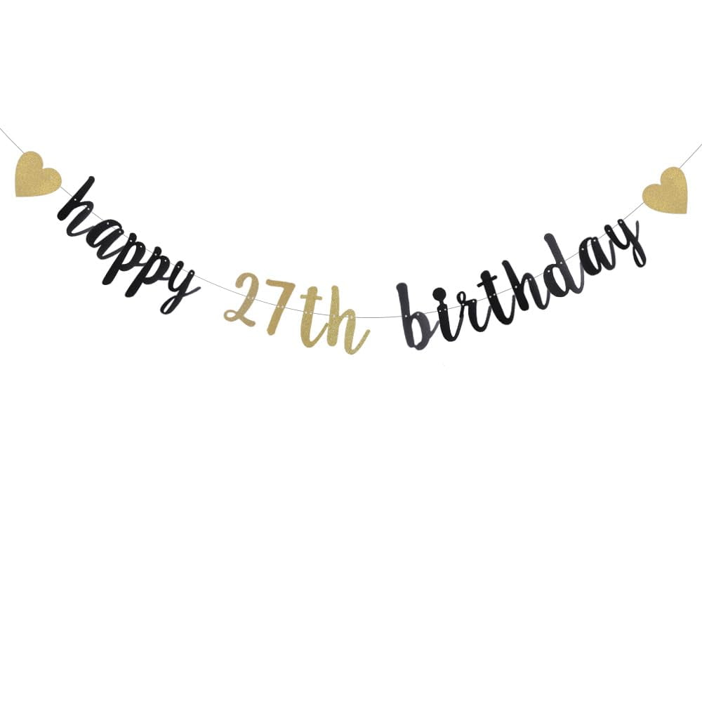 Black and Gold Glitter Banner，27th Birthday Decoration，Pre-Strung ...