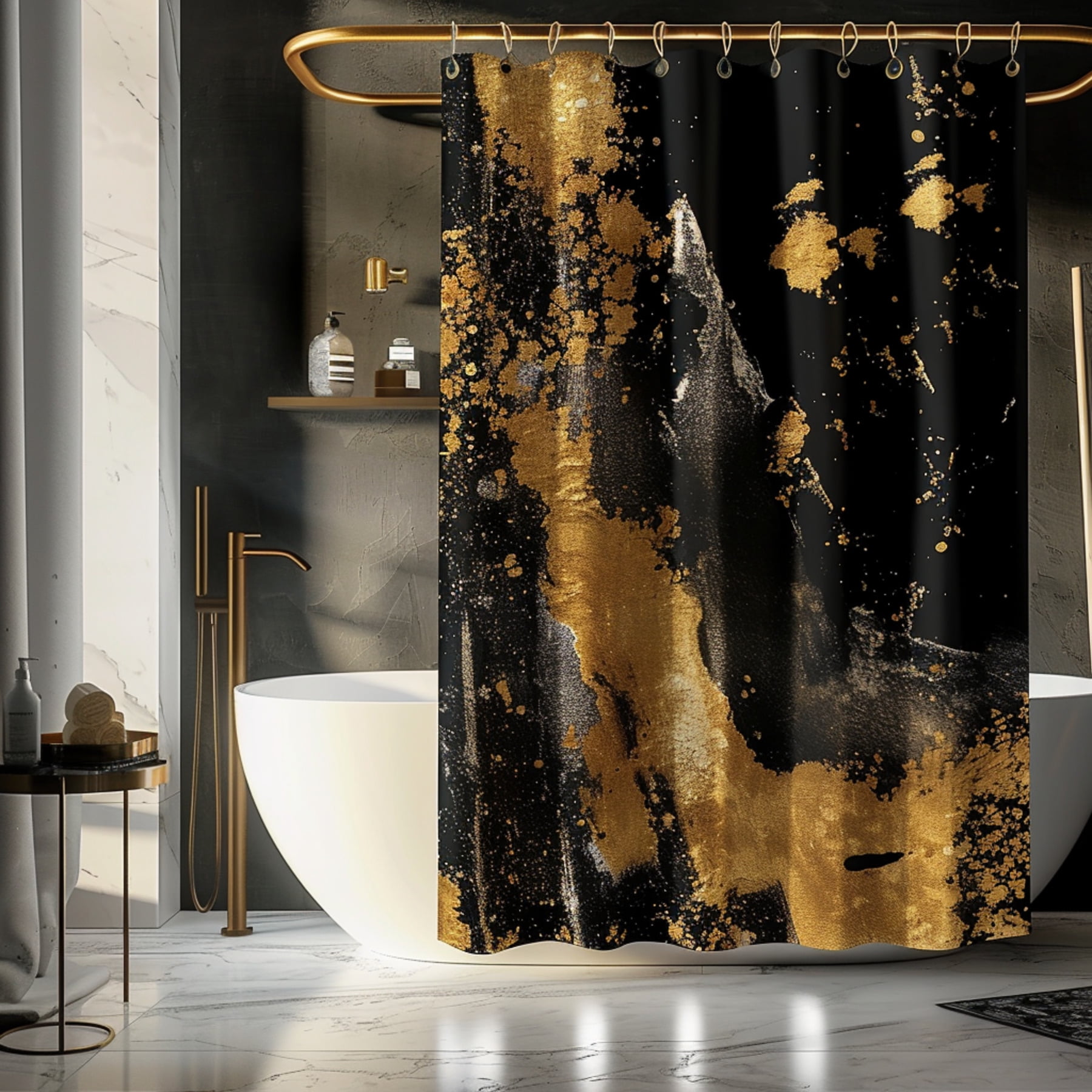 Black and Gold Glitter Shower Curtain with Abstract Painting Design
