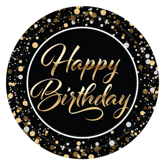 Black and Gold Happy Birthday Plates, 7", Pack of 48