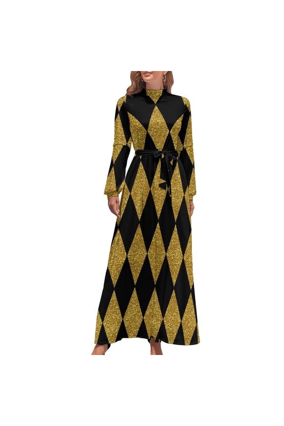 Black and Gold Harlequin Long Dress prom clothes elegant guest wedding dress