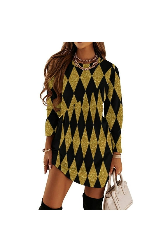 Black and Gold Harlequin Long Sleeved Dress dresses summer Women"s dresses