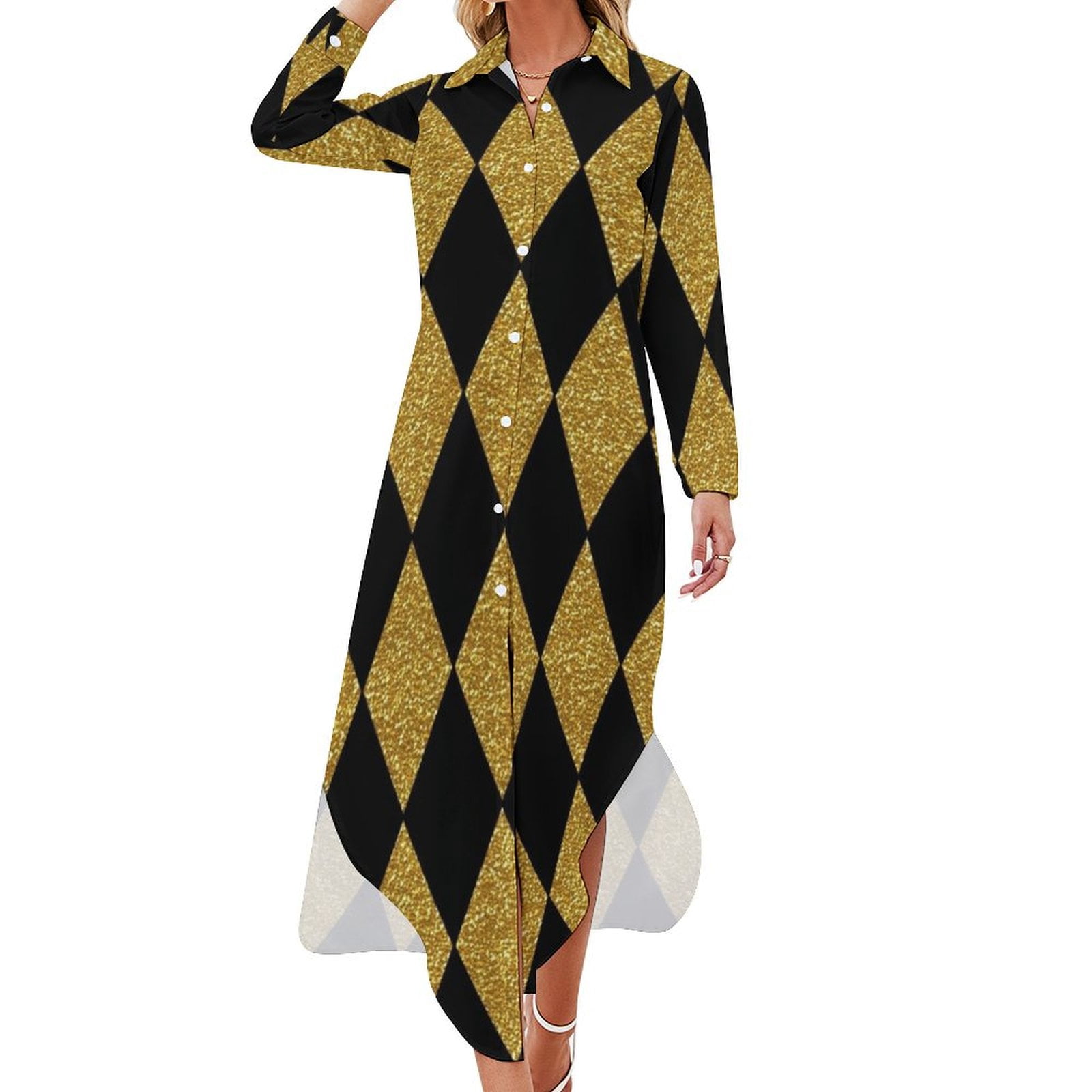 black and gold diamond pattern dress Vintage Diamond-Check Sleeveless Qipao main image 0
