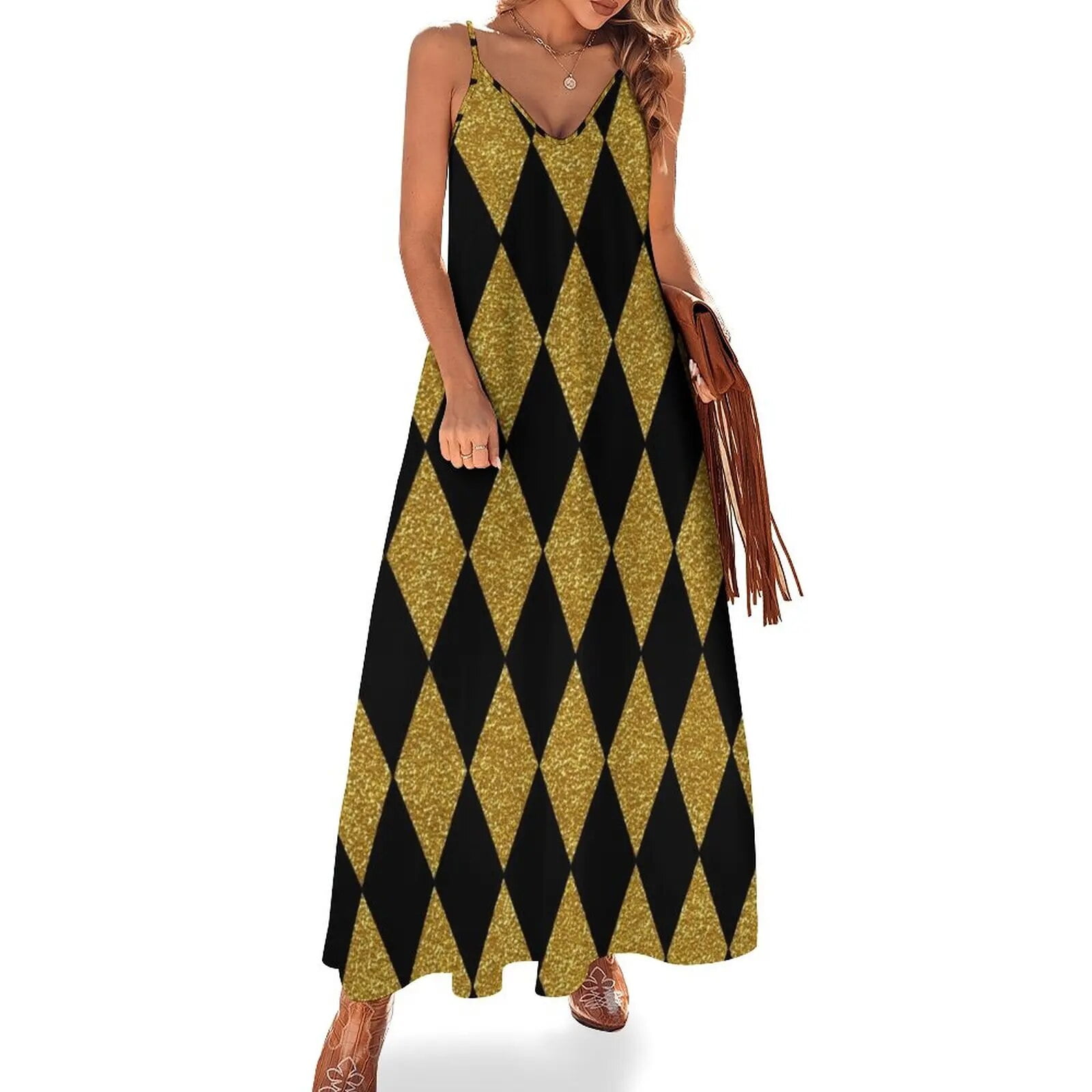 Black and Gold Harlequin Sleeveless Dress clothes for woman elegant ...