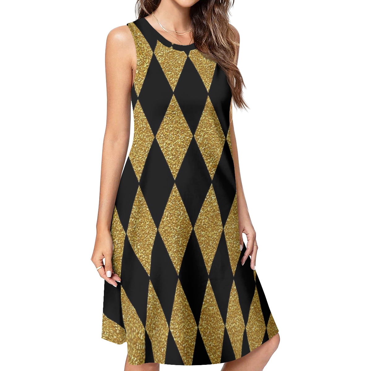 Black and Gold Harlequin Spring Summer Dresses for Women Fashion T-shirt  Dress Casual Sleeveless Loose Sundress with Pockets - Walmart.com