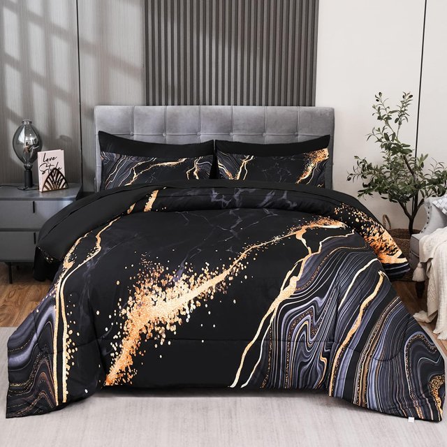 Black and Gold King Size Comforter Set, 5 Pcs Bed in a Bag King Bedding