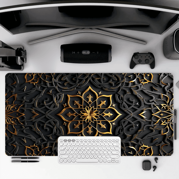 Black and Gold Mandala Mouse Pad 35.4 x 15.8 inches Rubber Desk Mat for Office and Gaming