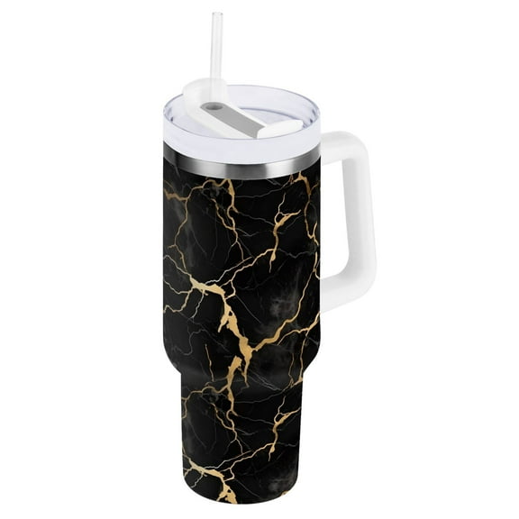 Black and Gold Marble 40 oz Tumbler with Handle and Straw Lid Vacuum Insulated Cup Leak-Proof for Water Iced Tea Coffee