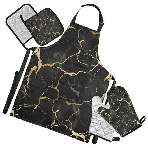 Black and Gold Marble 5 Pcs Kitchen Set Heat Resistant Oven Mitts and Non-Slip Pot Holders with Adjustable Cooking Apron