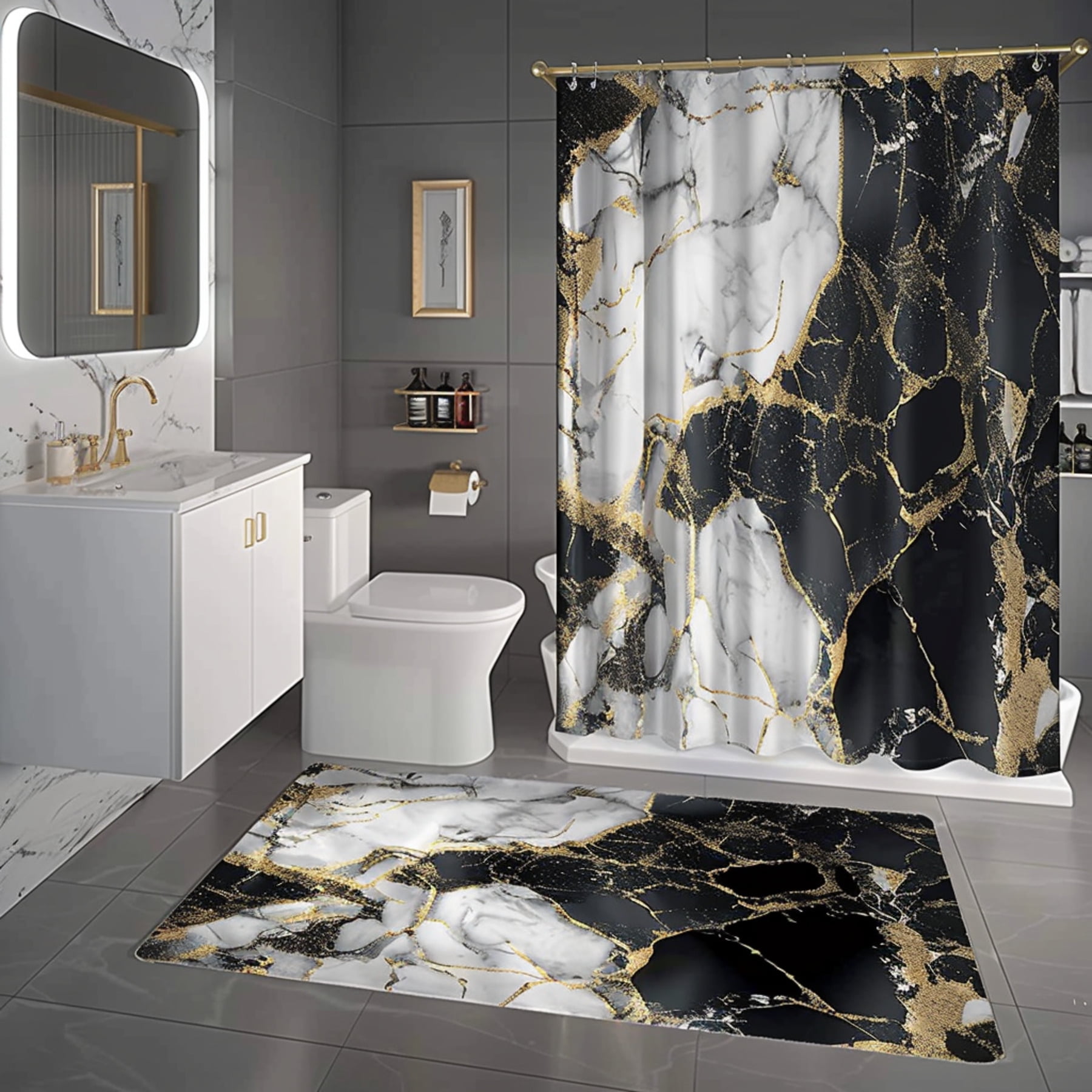 Black and Gold Marble Bathroom Set Shower Curtain ToiletStone Surface