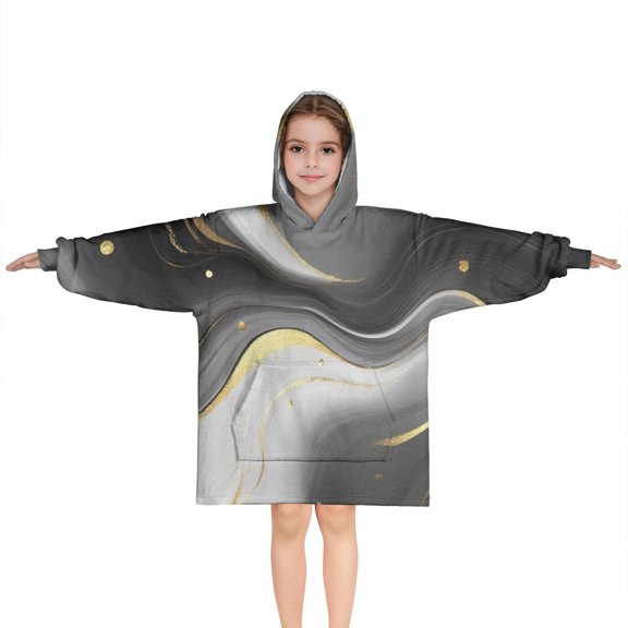 Black and Gold Marble Glitter Splashes Pattern Blanket Hoodies for Kids 6-13YR Oversize Wearable Blanket Hoodies for Boys Girls Teens