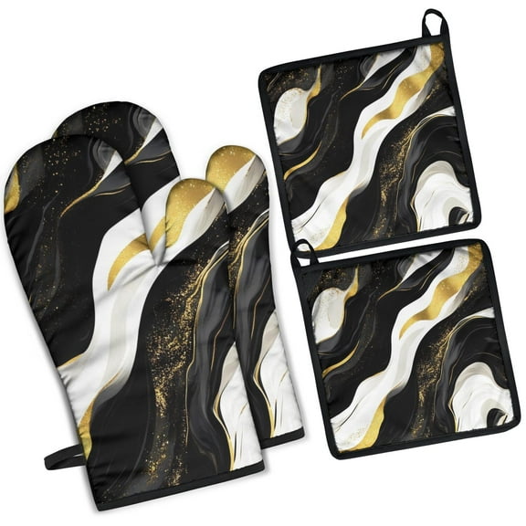 Black and Gold Marble Layered Waves Pattern Kitchen Oven Mitt and Pot Holder Sets 2 Pcs for Baking, Cooking and Grilling, Heat Resistant Up To 392 °F