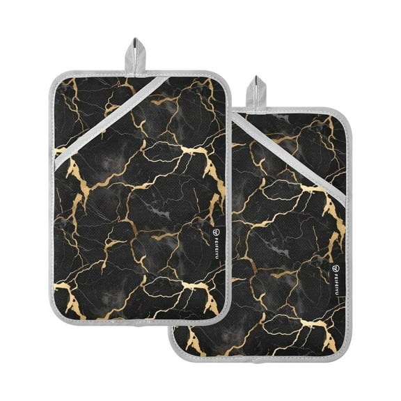 Dailycode Black and Gold Marble Oven Mitts 2 Pcs Pot Holders Sets Heat Resistant for Kitchen Cooking Baking 7"x9.8"
