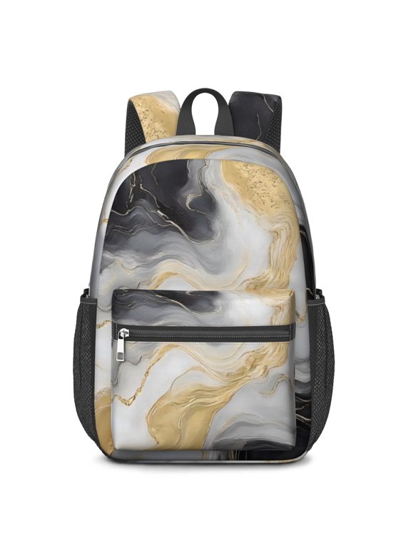 Black and Gold Marble Pattern 17" School Backpacks for Teens,Waterproof Oxford Fabric,S-Shape Padded Straps for School,Travel,Hiking,Camping