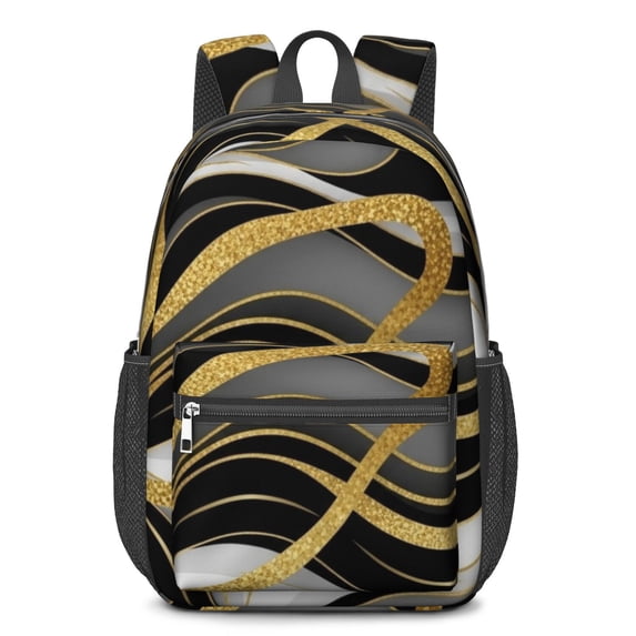 Black and Gold Marble Pattern 17" Waterproof Oxford School Backpacks for Teens, S-Shape Padded Straps, for School, Travel, Hiking, Camping