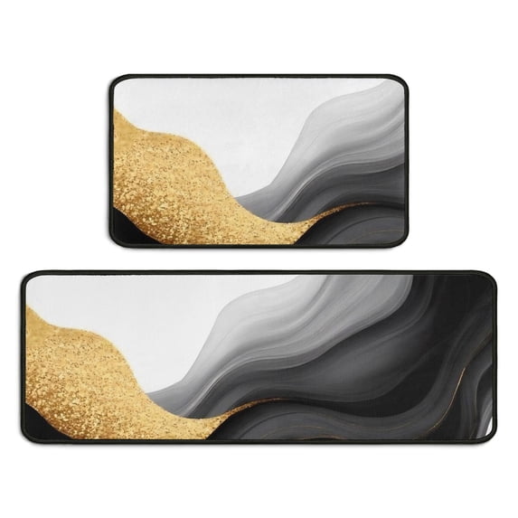 Black and Gold Marble Pattern 2 Piece Kitchen Mat Set, Crystal Velvet ...