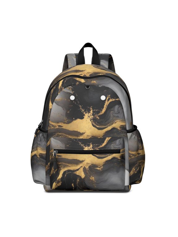 Black and Gold Marble Pattern Backpack for School, Cute School Bag with Adjustable Shoulder Straps and Padded Back, 13.4"x11"x4.7"
