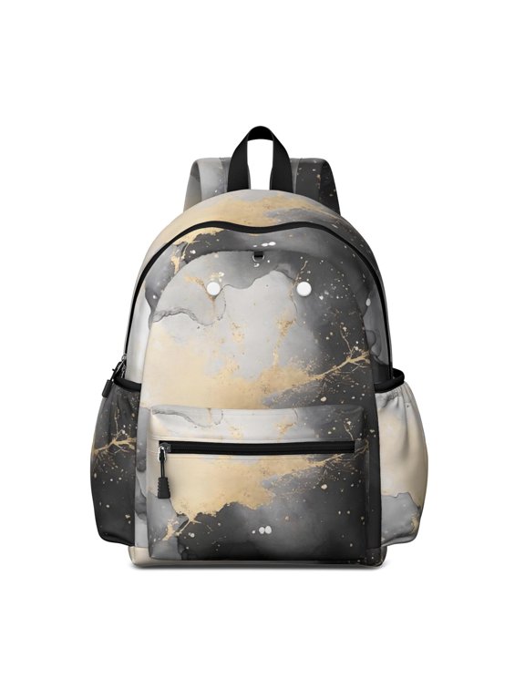 Black and Gold Marble Pattern Backpack for School, Cute School Bag with Adjustable Shoulder Straps and Padded Back, 13.4"x11"x4.7"