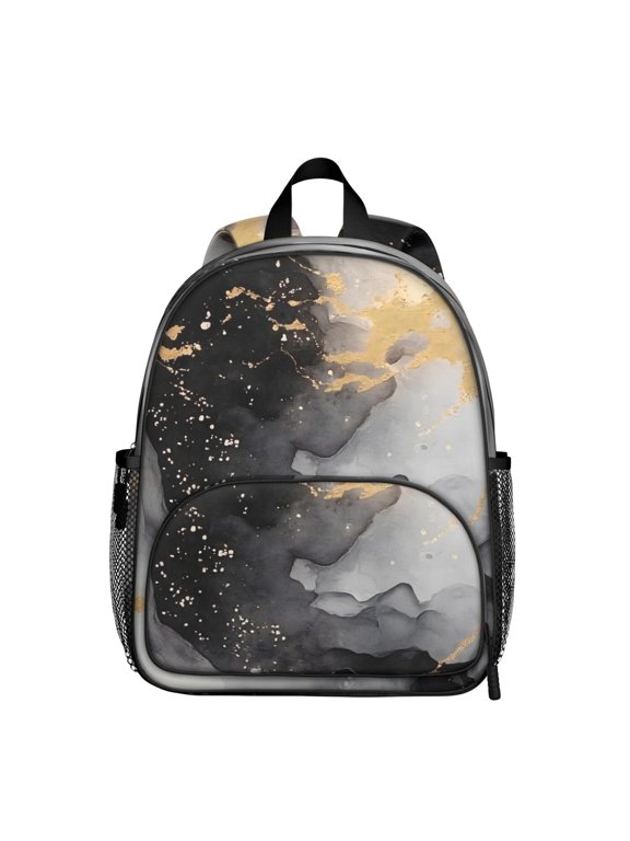 Black and Gold Marble Pattern Backpack for School, Cute School Bag with Adjustable Shoulder Straps and Padded Back, 13.8"x11.4"x6"