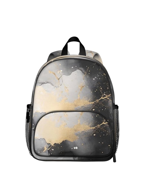 Black and Gold Marble Pattern Backpack for School, Cute School Bag with Adjustable Shoulder Straps and Padded Back, 13.8"x11.4"x6"