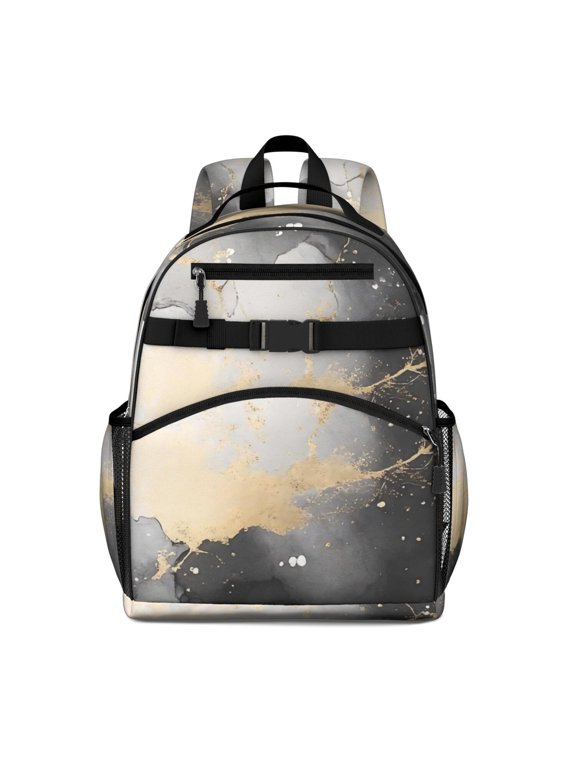 Black and Gold Marble Pattern Backpack for School, Cute School Bag with Adjustable Shoulder Straps and Padded Back, 15.25"x11.5"x5.25"