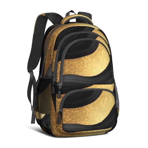 Black and Gold Marble Pattern Backpack for School, Cute School Bag with Adjustable Shoulder Straps and Padded Back, 16.9"x12.6"x5.9"
