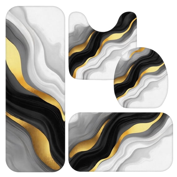 Black and Gold Marble Pattern Bathroom Rug Set 4 Piece,Includes Contour,Lid Cover,Bath Mat,Non-Slip Extra Soft Absorbent Washable