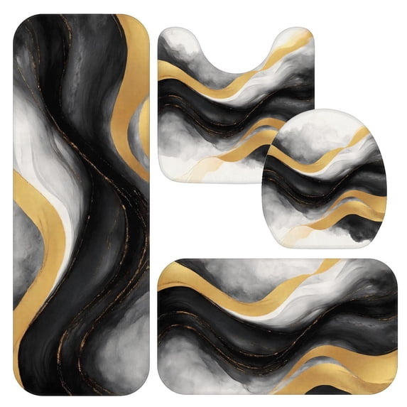 Black and Gold Marble Pattern Bathroom Rug Set 4 Piece,Includes Contour,Lid Cover,Bath Mat,Non-Slip Extra Soft Absorbent Washable